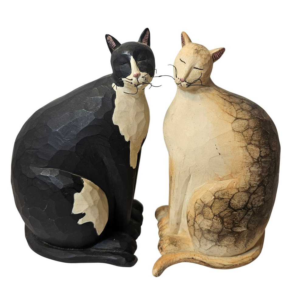 Dotty Chase Folk Art Cat Figurines Set of 2 Black Tuxedo and Cream Crackle Resin